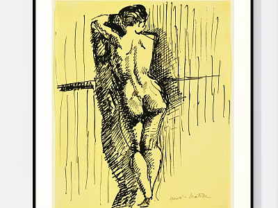 Nude Female Figure Drawing Back View In Sketch Style With Vertical Lines Yellow Background 3d model