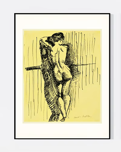 Nude Female Figure Drawing Back View In Sketch Style With Vertical Lines Yellow Background 3d model