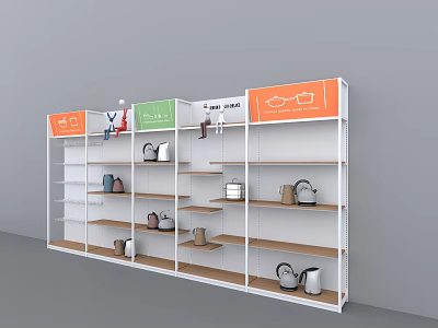 Kitchenware Display Shelf With Multiple Wooden Shelves Kettles Pans And Colorful Top Labels 3d model