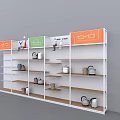 Kitchenware Display Shelf With Multiple Wooden Shelves Kettles Pans And Colorful Top Labels