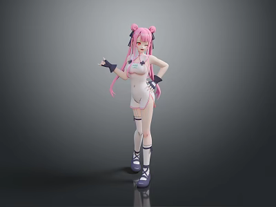 Cute Child With Pink Hair Twin Ponytails White Outfit Purple Shoes Gray Background 3d model
