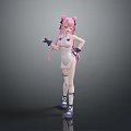 Cute Child With Pink Hair Twin Ponytails White Outfit Purple Shoes Gray Background