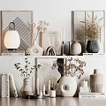 Modern Minimalist Decorative Ornament Collection With Ceramic Vases Dried Plants Books Framed Art And Lamp