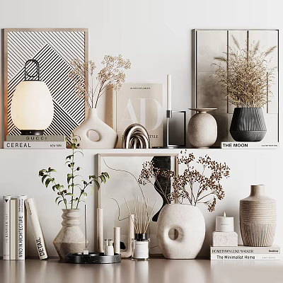 Modern Minimalist Decorative Ornament Collection With Ceramic Vases Dried Plants Books Framed Art And Lamp 3d model