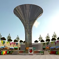 Vibrant Commercial Street Entrance with Tall Buildings Colorful Decorations Palm Trees and Vans
