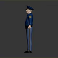 Man In Blue Police Uniform With Hat Standing Arms Outstretched On Gray Background