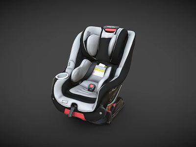 Gray And Black Child Car Seat With Red Accents Safety Harness Cup Holder And Label 3d model
