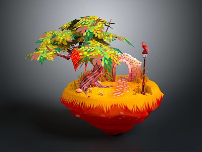 Colorful 3D Floating Island Scene With Tree Path Archway And Red Bird 3d model