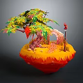 Colorful 3D Floating Island Scene With Tree Path Archway And Red Bird