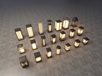 Outdoor Lights with Various Styles Square Rectangular Designs Illuminated on Gray Floor 3d model