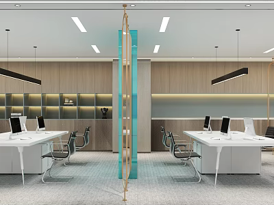 Modern Public Office Space With Open Layout Computer Desks Wooden Walls And Glass Partition 3d model