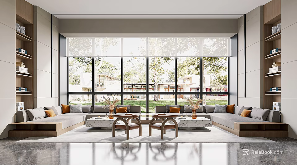 Spacious Hotel Public Lounge Area With Large Windows Scenic View Comfortable Sofas And Coffee Tables 3d model