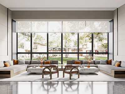 Spacious Hotel Public Lounge Area With Large Windows Scenic View Comfortable Sofas And Coffee Tables 3d model