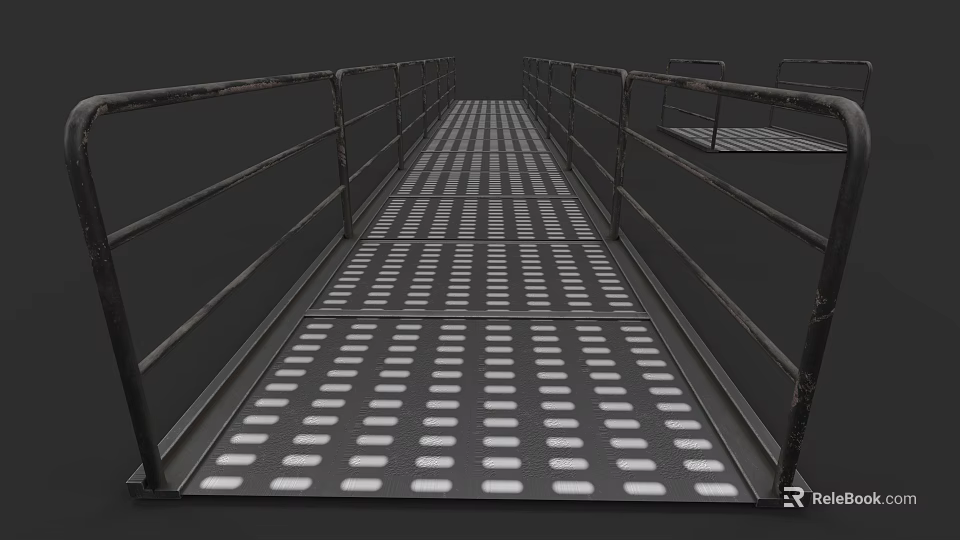 Industrial Metal Grating Bridge Featuring Perforated Floor Panels and Railings 3d model 