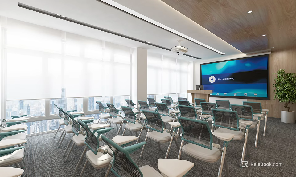 Modern Conference Room Interior With Arranged Chairs Large Screen And Natural Light 3d model 