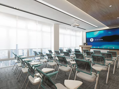 Modern Conference Room Interior With Arranged Chairs Large Screen And Natural Light 3d model