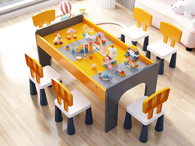 Kids Activity Table With Building Blocks Tabletop And Butterfly Shaped Chairs For Play Room 3d model