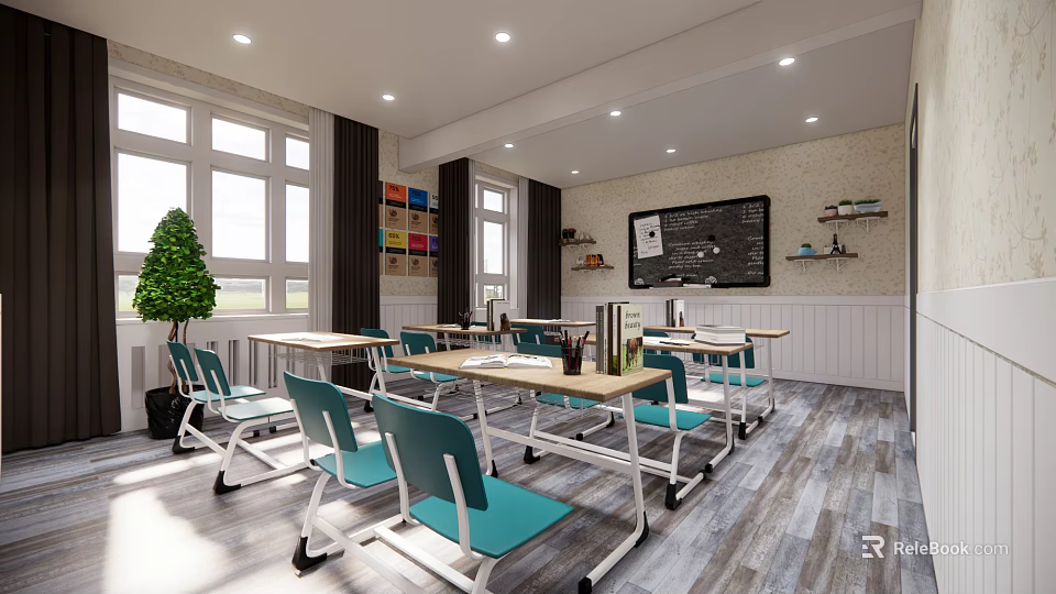 School Classroom Interior With Desks Chairs Windows Blackboard Green Plant And Colorful Storage 3d model 