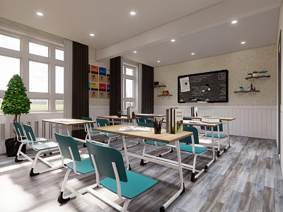 School Classroom Interior With Desks Chairs Windows Blackboard Green Plant And Colorful Storage 3d model