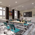 School Classroom Interior With Desks Chairs Windows Blackboard Green Plant And Colorful Storage