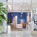 Stylish Beauty Salon Interior With Pink Arches White Sheer Curtains Blue Walls And Pink Furniture