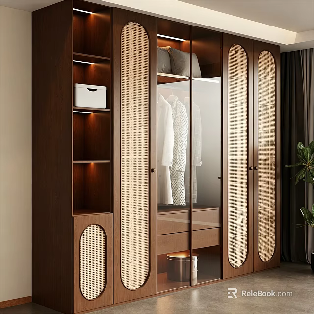 Modern Wooden Wardrobe With Sliding Glass Doors Rattan Panels And Storage Shelves 3d model 