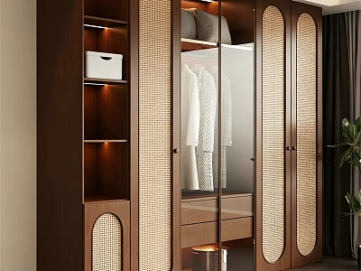 Modern Wooden Wardrobe With Sliding Glass Doors Rattan Panels And Storage Shelves 3d model