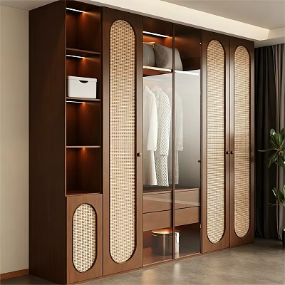 Modern Wooden Wardrobe With Sliding Glass Doors Rattan Panels And Storage Shelves 3d model
