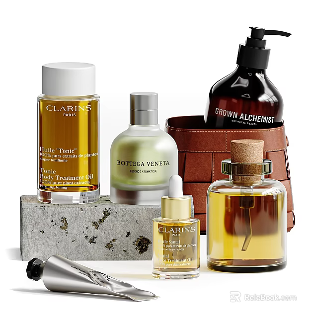 Elegant Decorative Ornament Set With Serum And Perfume Bottles Leather Pouch And Stone Base 3d model 