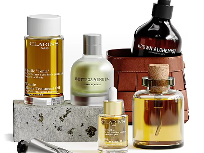 Elegant Decorative Ornament Set With Serum And Perfume Bottles Leather Pouch And Stone Base 3d model