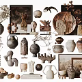 Natural Rustic Decorative Ornaments Collection With Ceramic Vases Sculptures And Dried Flowers