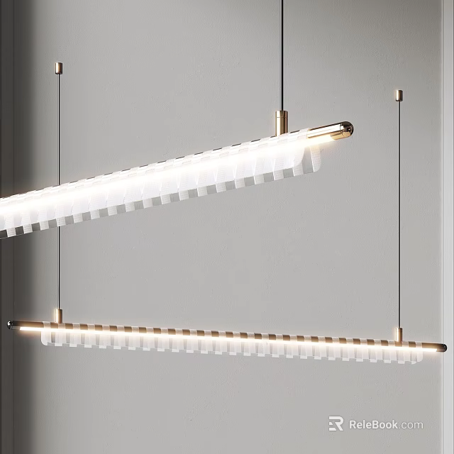 Modern Linear Chandelier With White Cylindrical Shades And Gold Metal Frame Hanging In Interior 3d model 