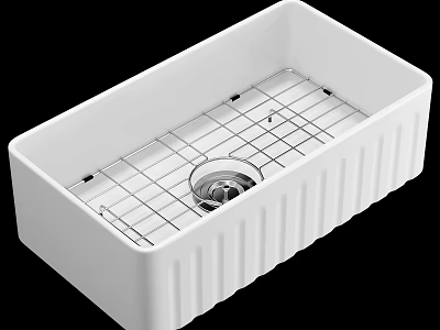 White Rectangular Sink With Vertical Grooves And Metal Grid Rack 3d model