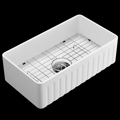 White Rectangular Sink With Vertical Grooves And Metal Grid Rack 3d model