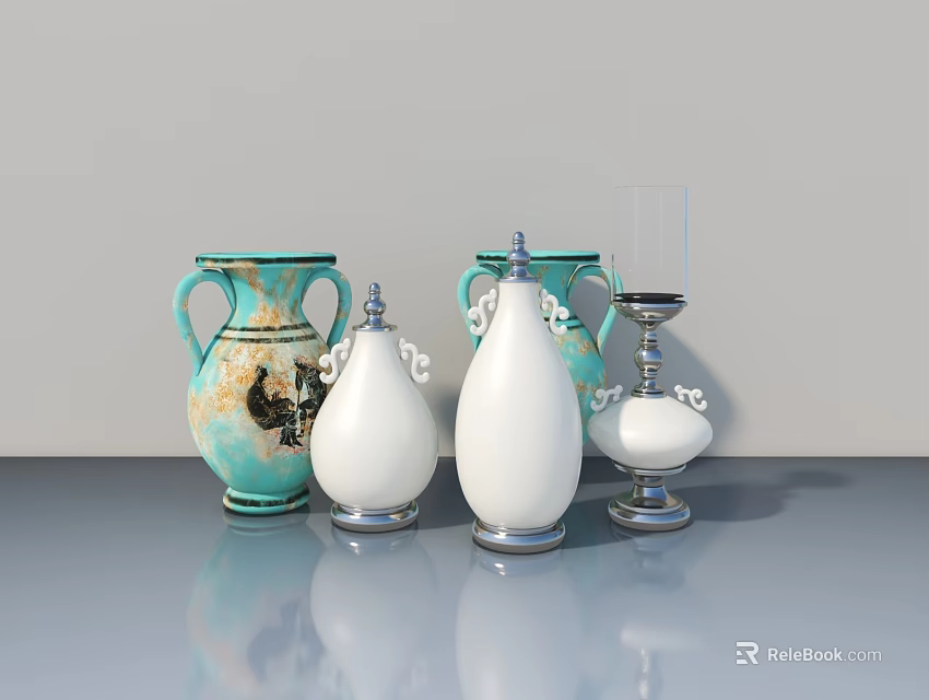 Stylish Hinged Door With Blue White Vases And Candle Holder Decor 3d model 
