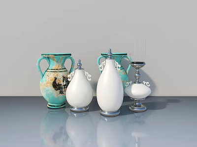 Stylish Hinged Door With Blue White Vases And Candle Holder Decor 3d model