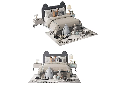 Cute Children's Bed With Cartoon Headboard Pillows Nightstand Lamp And Stuffed Toys On Rug 3d model