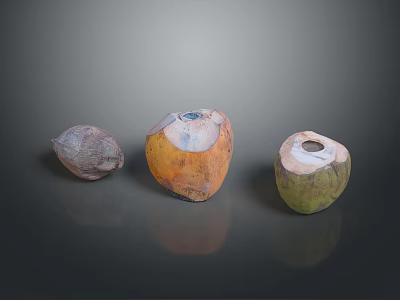 Fresh Tropical Coconuts Featuring Whole Brown And Halved Yellow Green Fruits 3d model