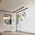 Clothes Hanger with Hanging Garments in Laundry Room with Washing Machine Dryer and Cabinets
