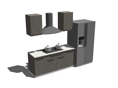 Modern Kitchen Interior With Dark Gray Cabinets Light Countertop Range Hood Stove And Refrigerator 3d model