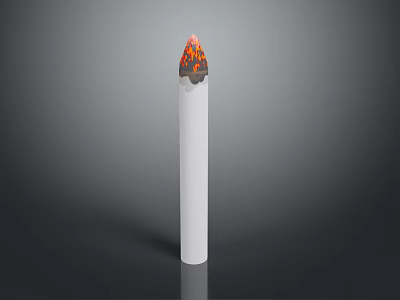 Classic White Candle With Burning Top Showing Orange And Black Melted Wax 3d model