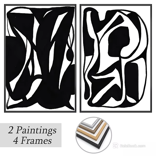 Two Black And White Abstract Paintings With Colorful Frames For Wall Art 3d model 