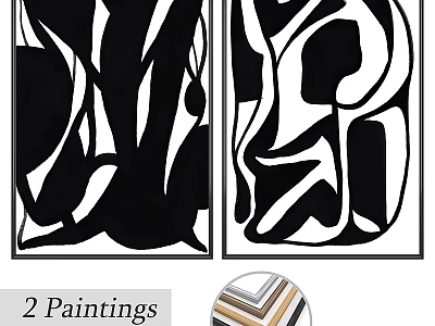 Two Black And White Abstract Paintings With Colorful Frames For Wall Art 3d model