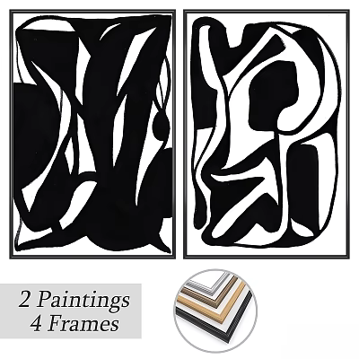 Two Black And White Abstract Paintings With Colorful Frames For Wall Art 3d model