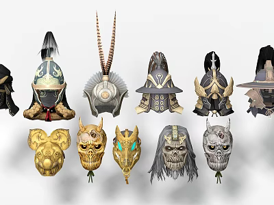 Various Ornate Helmets And Masks Collection With Unique Intricate Designs 3d model