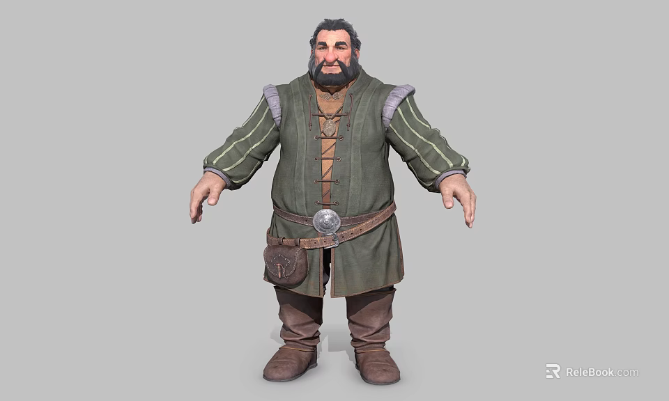 Bearded Medieval Fantasy Man In Green Tunic With Striped Sleeves Brown Belt Leather Pouch And Boots 3d model 