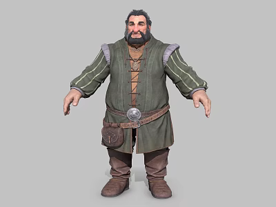 Bearded Medieval Fantasy Man In Green Tunic With Striped Sleeves Brown Belt Leather Pouch And Boots 3d model