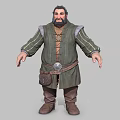 Bearded Medieval Fantasy Man In Green Tunic With Striped Sleeves Brown Belt Leather Pouch And Boots