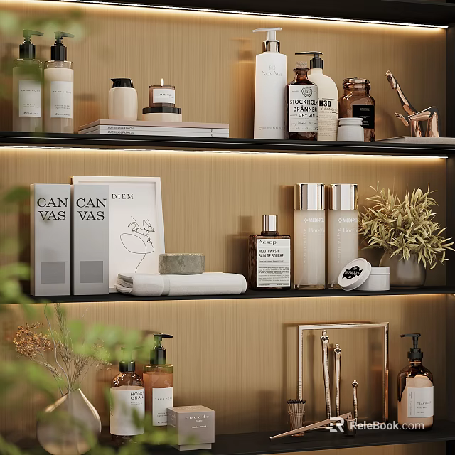 Stylish Organized Shelf Display Of Daily Washing Necessities With Bottles Towels And Plants 3d model 