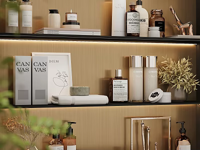 Stylish Organized Shelf Display Of Daily Washing Necessities With Bottles Towels And Plants 3d model